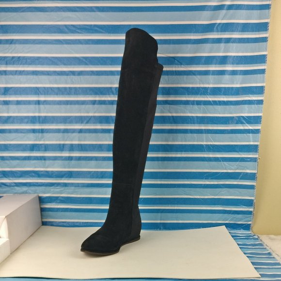 STUART WEITZMAN PULL ON Over the Knee TALL BLACK LEATHER WEDGE BOOT 7.5US/5.5UK - Picture 1 of 10